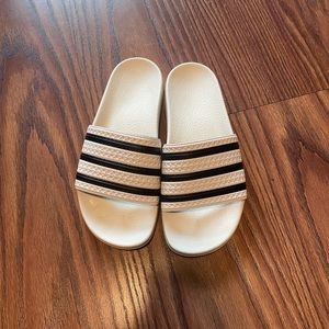 White and Black Adidas Slides, Size 8